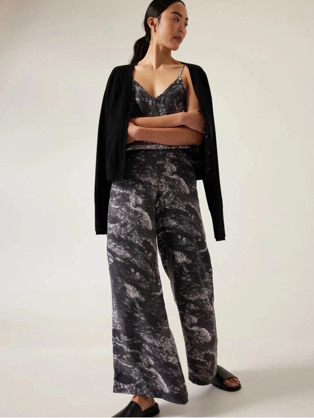 Athleta Calm Cool two piece set outfit large cami & pants cloud texture black